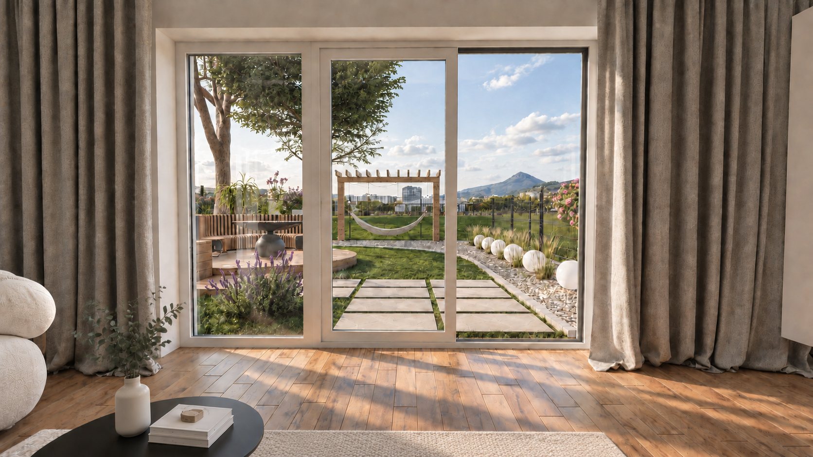 Visualisation of the view from the living room onto the private garden at Terrace House Borkowo