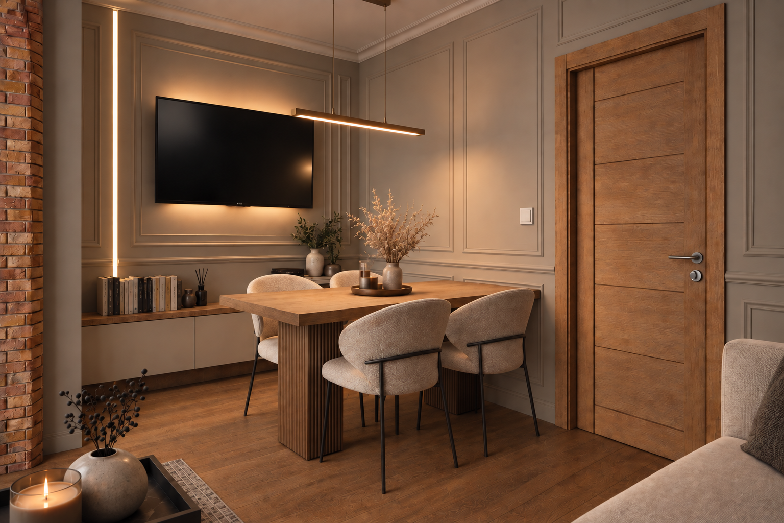 Visualisation of the dining and living area in a contemporary apartment